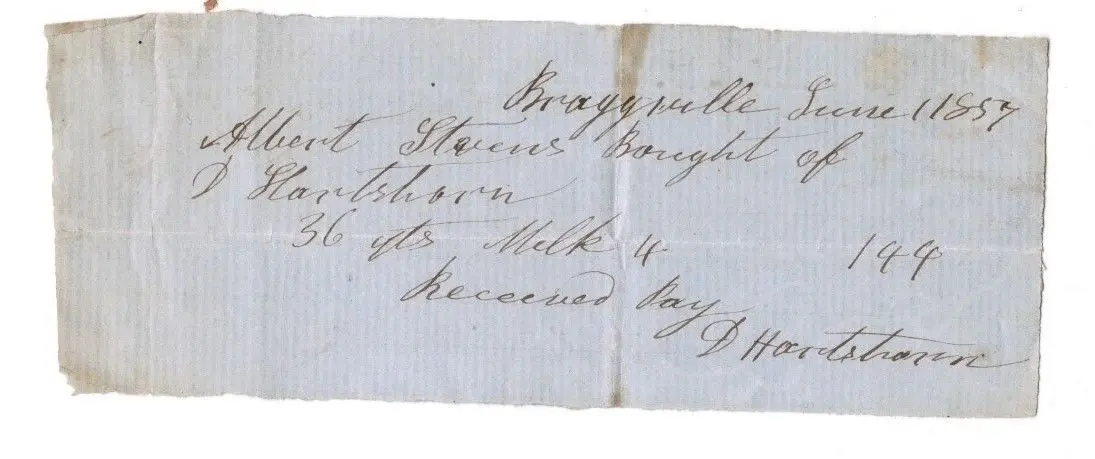 The handwritten 1857 receipt with a box around each line the OCR model found, labelled with what it read.